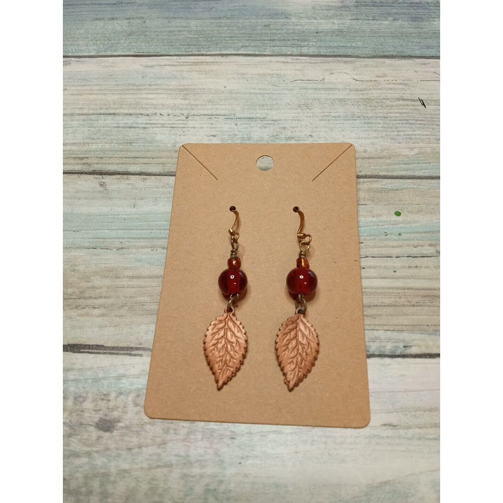 Bronze Leaf red‎ Bead Drop Dangle EARRINGS